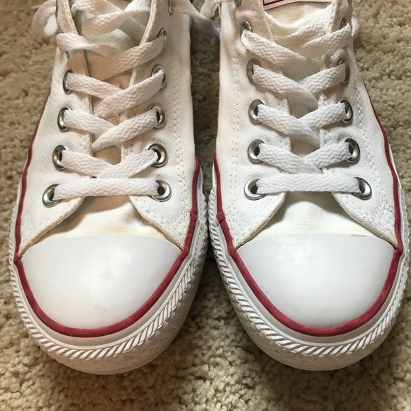 white converse with red and blue stripe